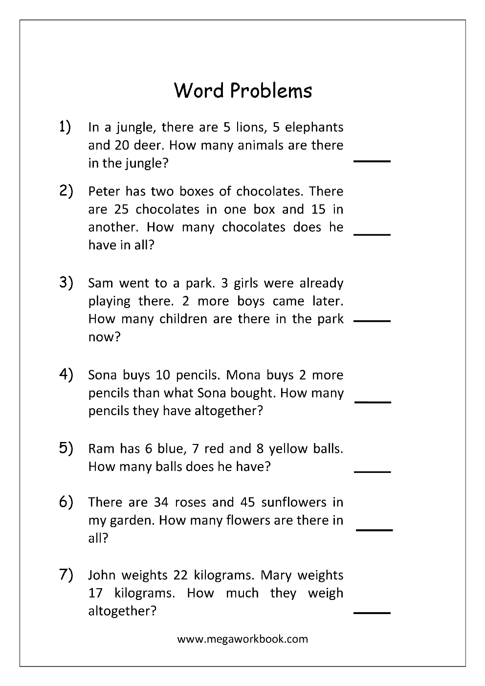 Grade 1 Word Problems Addition Maths Word Problems For Grade 2 Addition And Subtraction