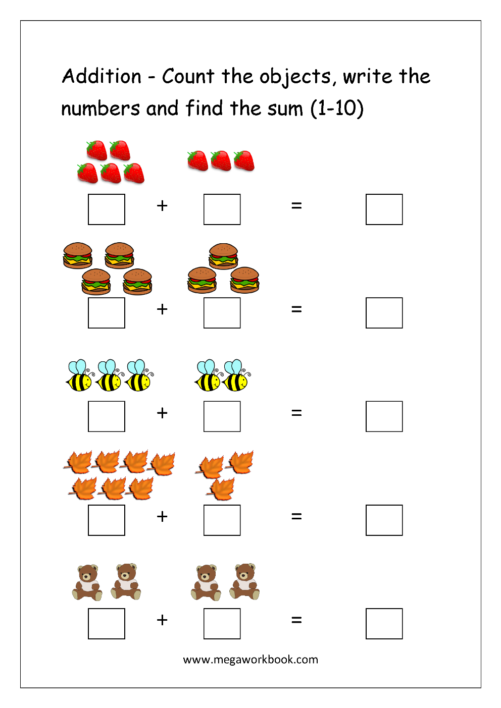 free printable number addition worksheets 1 10 for kindergarten and grade 1 addition on number line addition with pictures objects megaworkbook