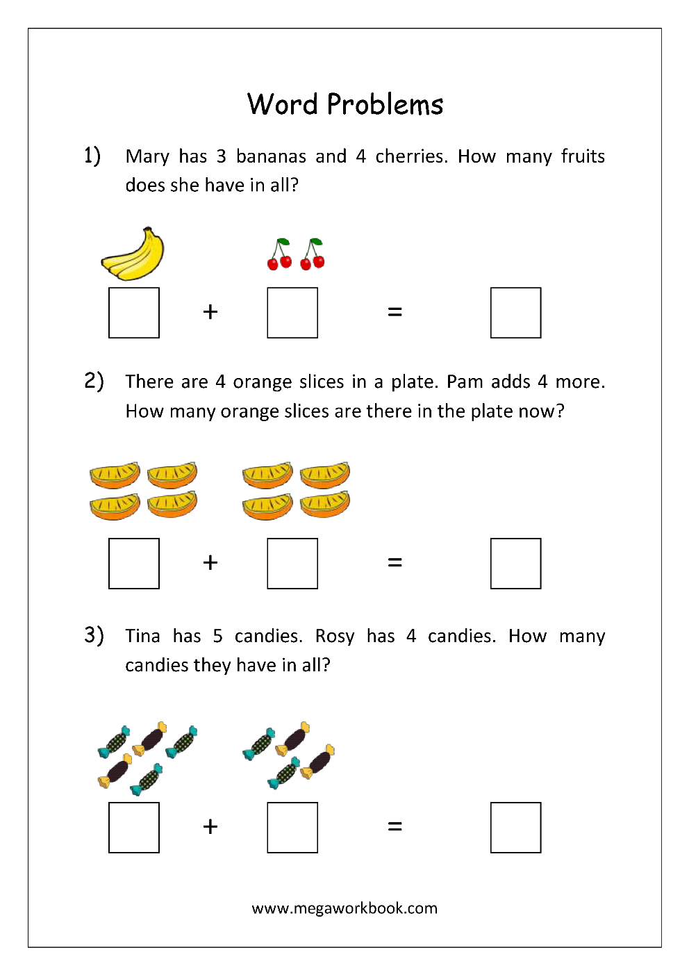 Addition And Subtraction Word Problems Worksheets For Kindergarten And Grade 1 - Story Sums - Story Problems - Megaworkbook