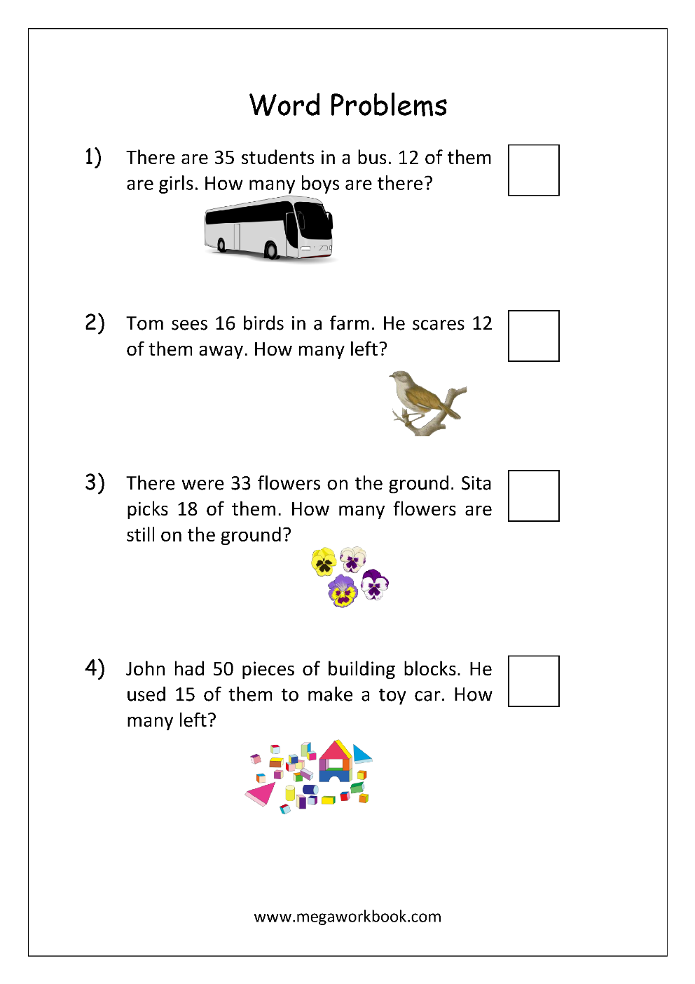 Addition and Subtraction Word Problems Worksheets For Kindergarten and ...
